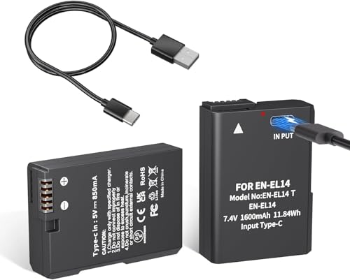 LP EN EL14 / EN EL14a   Paquete de 2 baterías de 1600 mAh con cable de carga rápida USB C, repuesto para Nikon D3100, D3200, D3300, D3400, D3500, D5100, D5200, D5300, D5500, D5600, P7100 0 P77 00
