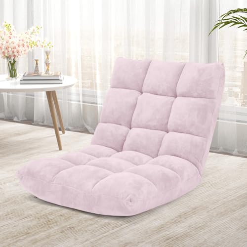 Image of COSTWAY Floor Chair, Video Gaming Chairs with Back Support, Adjustable 14-Position, Alloy Steel Frame, Soft Coral Fleece, Lazy Sofa Lounge for Reading Living Room Recliner for Adults Kids (Light Pink)