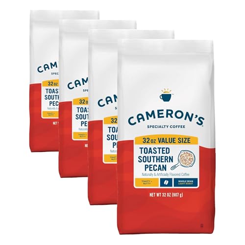 Image of Cameron's Coffee Roasted Whole Bean Coffee, Flavored, Toasted Southern Pecan, 32 Ounce (Pack of 4)