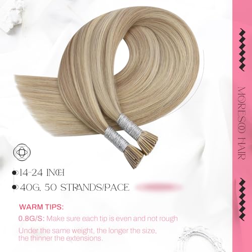 Image of Moresoo I Tip Hair Extensions Human Hair, Golden Ash Blonde, 14 Inch | 40g 50 strands, lightweight wear, golden ash blend, fine hair, natural fullness, reusable I tip installation