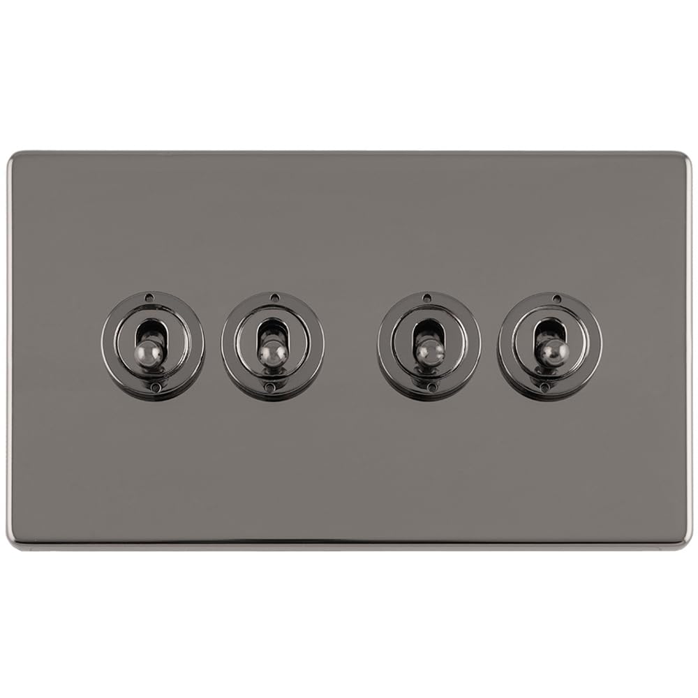 4 Gang Quad Retro Toggle Light Switch SCREWLESS Black Nickel 10A 2 Way Lever - Classic Vintage Style Flick Lever Wall Plate