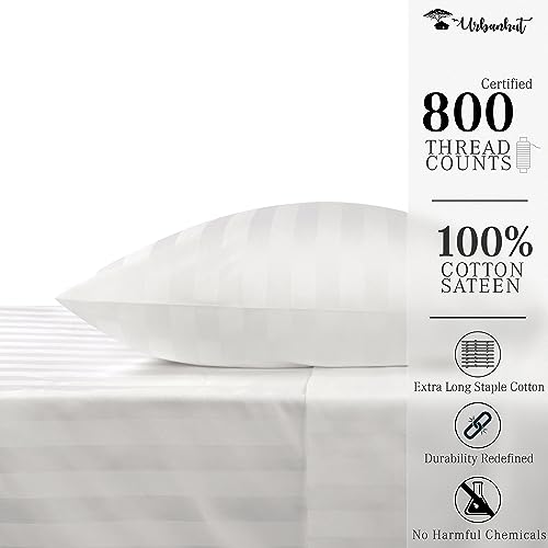 URBANHUT 800 Thread Count Egyptian Cotton Twin Size Damask Striped Sheets Set (4 Pc) - Ultra Soft & Smooth, Thick & Crisp Sateen Weave Twin Bedsheets, Fits Upto 16" Mattress - White
