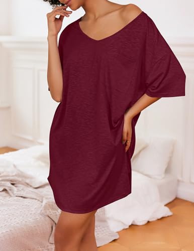 Image of Ekouaer Womens Tshirt Nightgown Cotton V Neck Sleepshirts Comfy Casual Nightshirt for Women
