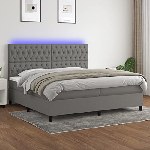 Teenpull Boxspringbett 200x200 cm Dunkelgrau, Polsterbett mit LED-Beleuchtung, Höhenverstellbares Kopfteil, Robuster Stoff, Inklusive Taschenfederkernmatratze und Hautfreundlicher Matratzenauflage