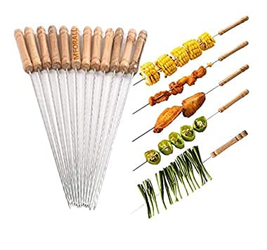 LOFY Enterprise 2 PCS Barbecue String with Wooden Handle Skewers for Tandoor, Grill, Stainless Steel Stick with Wooden Handle Tandoor Barbeque Grill BBQ Needle (Set of 12)