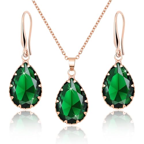 Gkaopi Parure Bijoux Femme Cristal Teardrop Pendant Collier Pendentif Boucles D'oreilles Strass Cristal de Bijoux de Mariage Strass Collier Dames Filles Fête (Vert)