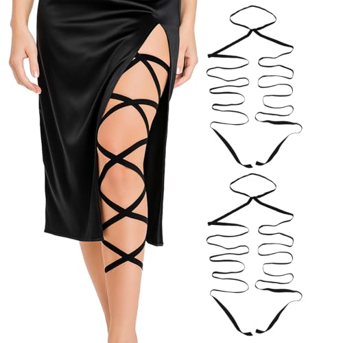 Sorcristy 2 Stück Strumpfband, Schwarz Oberschenkelbänder Verstellbarer Strumpfhalter Elastische Körper Kette Set für Damen Party Music Festival...
