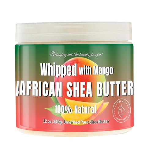 RA COSMETICS Whipped Shea Butter with Mango Extract 100% Unrefined Shea Body Butter from Ghana Moisturizes Skin Nourishes & Conditions Hair Scalp Softens and Smooths Lips Hands & Feet 12oz