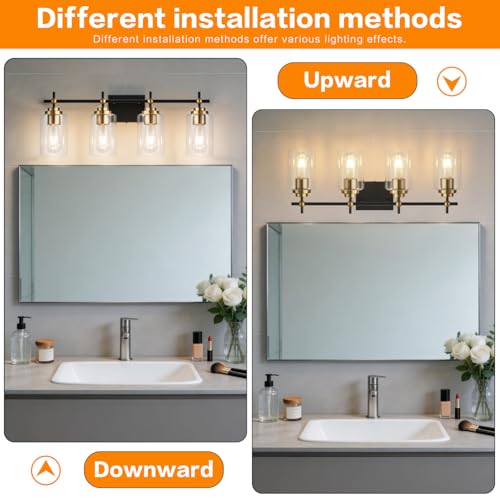 Image of SOLFART Bathroom Light Fixtures 4-Lights: Black and Gold Vanity Lights for Bathroom Clear Glass Shades(Bulbs Not Included)