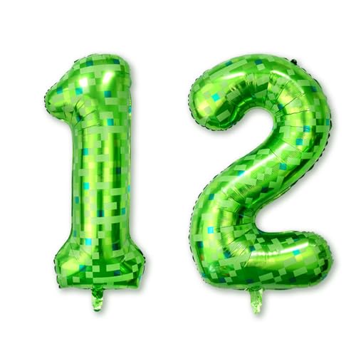 Lime Green Pixel Number 12 Balloon 40 Inch, Blocky Gamer Foil for 12th Bday