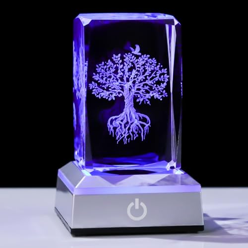 Image of Tree of Life Crystal Cube - 3D Laser Engraved Color Changing LED Light Base | Premium Home Desk Decor, Spiritual Gifts for Women Men, Night Light & Paperweight