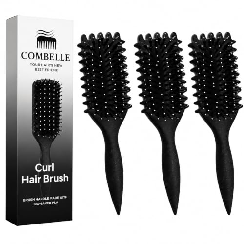 Image of Combelle 5-in-1 Curl Hair Brush, Vegan Boar Bristles, Bio-Baked PLA Handle, Detangling and Frizz Control for Curly Hair - Black (Pack of 3)