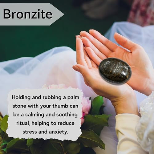Image of Amazing Gemstone Bronzite Crystals and Healing Stones - Large Palm Stone Crystals Piedra - Crystal for Good Luck, Balanced Positive Energy, Meditation - Unique Stocking Stuffers Gifts for Women, Men