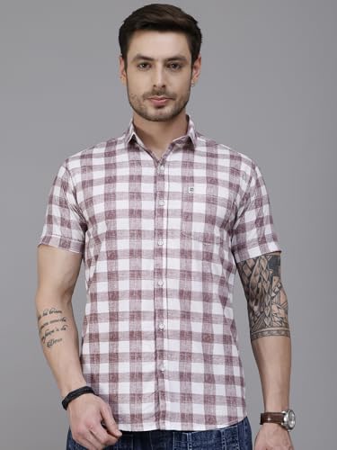 Image of Majestic Man Men Slim Fit Pure Cotton Checkred Half Sleeve Casual Shirt
