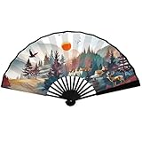 Inmyron Folding Hand Fan, Chinese Japanese Style Bamboo Fan, Wall Decoration Fan, Dancing Fan(Mountain Sunrise And Deer)