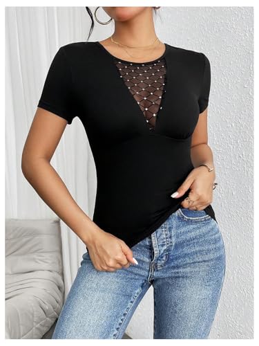 Women's Rhinestone Sheer Mesh Crewneck T Shirts Short Sleeve Slim Fit Tee Tops3