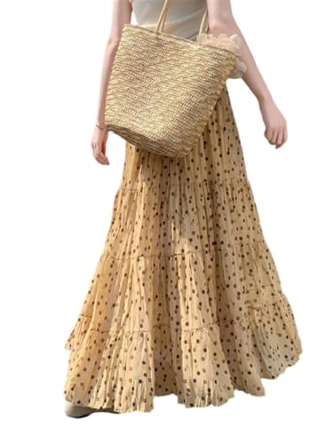 Women Polka Dot Pleated Skirts Elastic High Waist Loose A-Line Long Skirt Beach Vacation Casual Skirt4