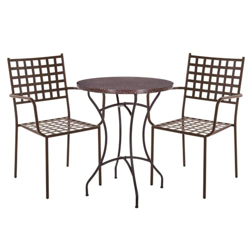 LOLAhome Mesa mármol y 2 sillas de jardín Cartago Marrón Oxido | Estilo Hierro Forjado | Mesa Ø60x72 cm | Sillas 56x61x90 cm Contract, Resistentes, Apilable y con Brazos | para Exterior | Cartago