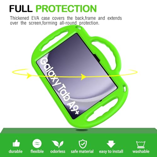 AVAWO Kids Case for Samsung Galaxy Tab A9+/A9 Plus 11 Inch 2023 Case, with Strap, Shockproof Lightweight Handle Stand 2023 Model (SM-X210/X216/X218) with Lanyard, Green