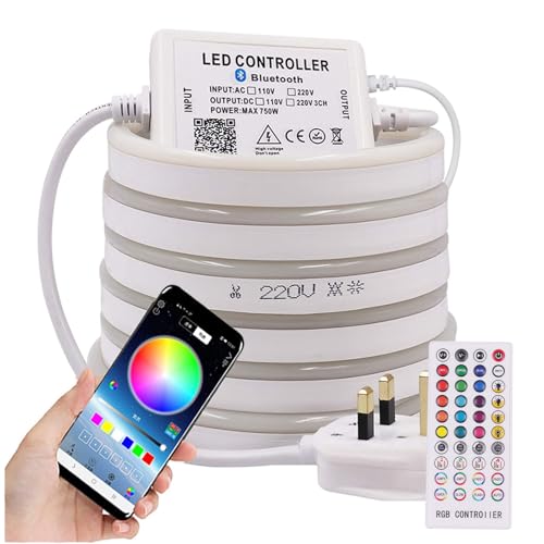 GQL Music Sync & Bluetooth Controller LED Neon Light Kit, 8m SMD 5050 RGB 60LEDs/m Strip + 40 Keys Dimmable Remote, IP65 Waterproof for Indoor Outdoor Commercial Decor
