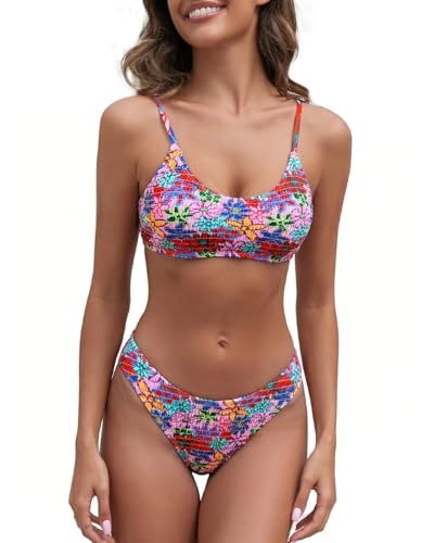 Image of Fanuerg Women's Ribbed Bikini Sets Scoop Neck Cheeky Swimsuit Textured Two Piece Bathing Suit