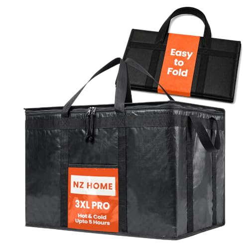Image of NZ home Insulated Bags for Food Delivery (3XL PRO) Grocery Shopping Cooler Bag, Pizza Delivery, Hot & Cold Catering Tote, Reusable, Foldable & Heavy Duty (Black)