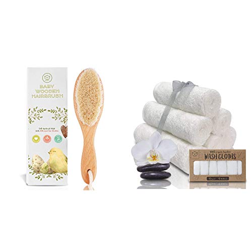 Image of Baby Hair Brush & Bamboo Viscose Baby Washcloth Set for Newborn - Baby Bath Grooming Essential - Suitable for Delicate Newborn Scalp, Skin and Cradle Cap