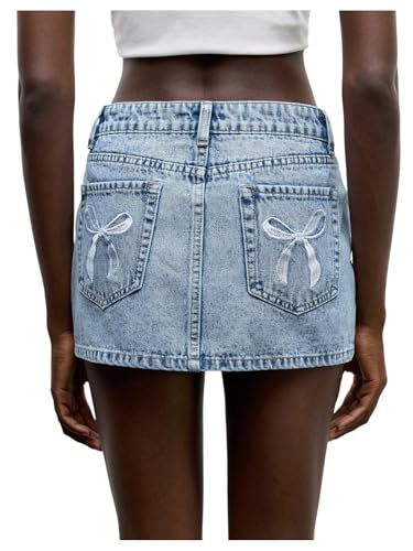 Floerns Women's Y2k Bow Embroidery Denim Skirt Low Rise Streetwear Mini Jean Skirt