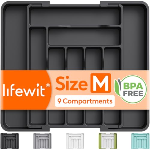 Lifewit Extendable Cutlery Drawer Organiser Adjustable Cutlery Tray Utensil Holder for Forks Spoons Knives Plastic Kitchen Organiser and Storage 9 Compartment 30-50 x 38cm Black