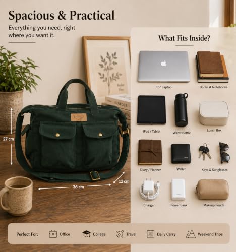 Image of ROUGH Canvas Cotton messenger bag.15'' Lap top. Large size 36x27x11 cm(12Ltr) Metal zipper closure. Allround pockets. Vintage look. Antique fittings.Sustainable