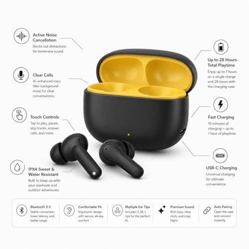 Image of Lynacz Original TWS Earbuds T200 Lite Compatible with Vivo, Realme, Samsung, iQOO with Hi-Res Audio, 12.4mm Dynamic Bass Drivers, 32dB ANC & 48 Hours Playback for Mobile, Laptop, SmartTV, (Black)