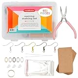 COMPLETE EARRING MAKING KIT — Includes 200 earring hooks in 5 colors, hypoallergenic earring hooks, gold earring hooks, 200 silicone backs, 750 jump rings, earring posts for jewelry making, earring hoops for jewelry making, display cards, bags, plier...