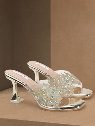 Image of ELLE women's Square Toe Spool heel Embellished Strap Slip-On Sandal