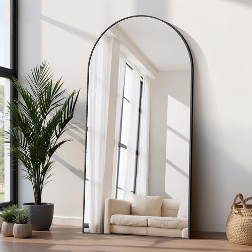 COFENY Espejo de Pie Cuerpo Entero Curvado 192 x 85 cm, Espejos Grandes de Pared con Marco de Aluminio, Espejo de Pie Inclinado o Colgante para Salón, Dormitorio, Entrada, Negro