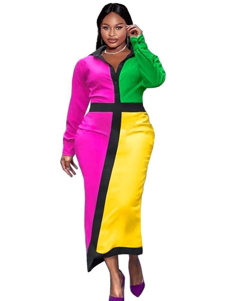 AOMEI Womens Colorblock Button Down Long Sleeve High Waist Pencil Dress