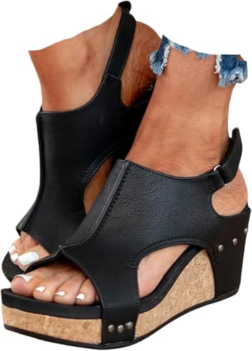 Wedge Sandals for Women Dressy Summer Orthopedic Sandals for Women Bohemia Buckle Ankle Strap Wedge Sandals 2025 Open Toe Flip-Flops Summer Casual Low Wedges Walking Strappy Slip on Sandals