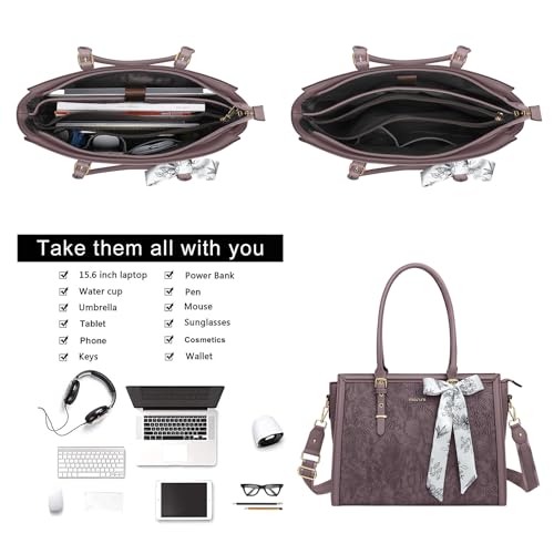 Image of MOSISO Laptop Bag for Women, PU Leather Tote Bag, Front Embossed Retro Hibiscus Computer Bags with Silk Scarf&Clutch Purse