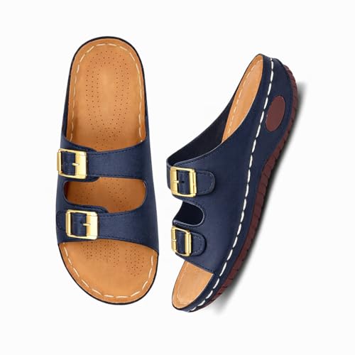 Image of ORTHO JOY Orthopedic Comfort Sandals for Women | Adjustable Buckle Slides with Arch Support | Cushioned Shock Absorbing Sole
