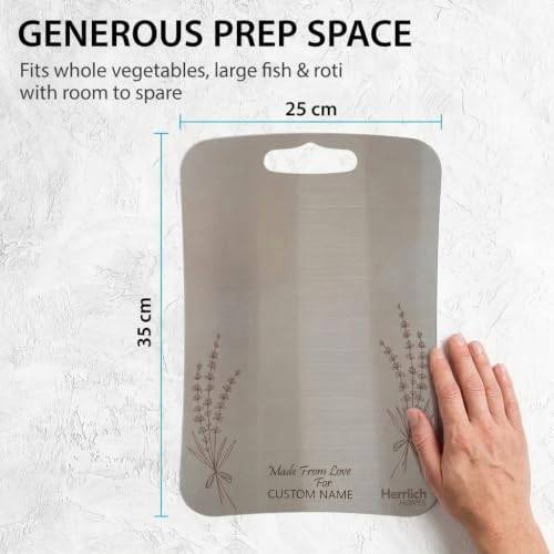 Image of Herrlich Homes 304 Stainless Steel Customize Rectangle Chopping Board for Kitchen | 35 x 25 cm | Customization Name /Text | with Gifting Packaging | Large