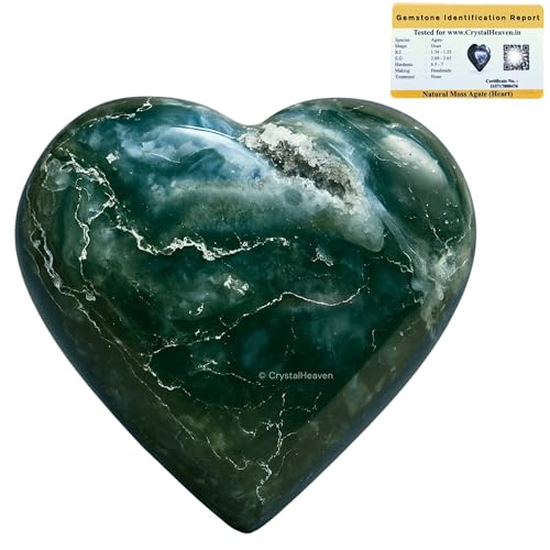 Image of Certified Moss Agate Crystal Heart Palm Pebbles Stones for Anxiety Stress Relief Massage - AAA Grade Original Healing Gemstone Agate Heart Palm Stone for Yoga Meditation Spiritual