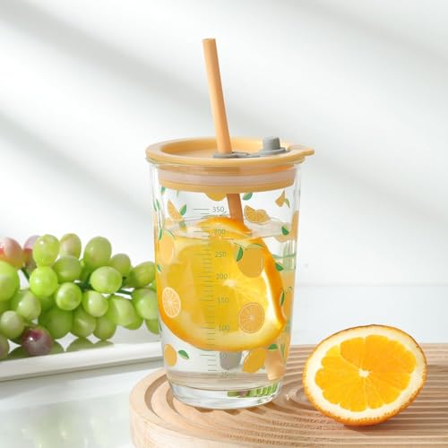Image of Coffee Mug with Straw & Lid - Multipurpose Mason Jar Style Can Sipper for Green Tea, Milk, Juice, Smoothies & More - Reusable Drinking Cup for Home & Office (Printed Fruit Bottle 2)