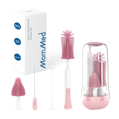 Image of MomMed Electric Bottle Brush, Electric Baby Bottle Brush Set with Silicone Bottle/Pacifier/Straw Brush and Mixing Head, Waterproof Bottle Cleaner Brush with Drying Rack, 2 Modes & 360° Rotation Pink