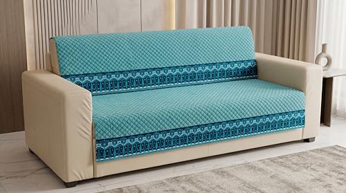 Image of KINGLY Sofa Cover 4 Seater Fully Covered | Stretchable Anti-Slip Slipcover | Washable Furniture Protector | Mint Blue | Set of 2 | Seat & Back |