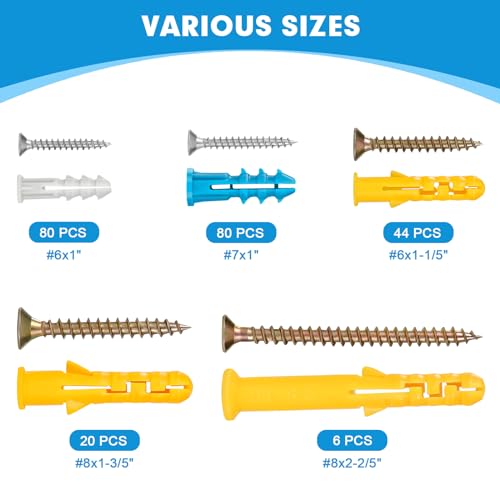 230 Pcs Drywall Anchors and Screws Assortment Kit, 115 Plastic Wall Anchors and 115 Philips Flat Head, 5 Sizes Galvanized Screws and Wall Plug Bolts with Organizer Box