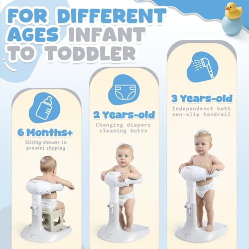 Image of Orzbow Baby Shower Stand, Collapsible Baby Bath Stand with Foldable Chair, Adjustable Height Toddler Shower Standing Support for Infant 6-36 Months, Anti-Slip Base, Easy-Use, Gray