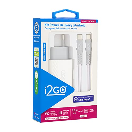 Kit Carregador de Parede Ultra Rápido com 1 Saída USB-C Power Delivery 20W + Cabo USB-C + USB-C I2GO
