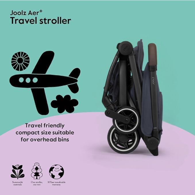 Joolz AER+ Lightweight & Compact Travel Stroller - Portable One-Hand Fold Design - Ergonomic Seat for Infant & Toddler (up to 50 lb) - XXL Sun Hood - Stroller for Airplane -Travel Pouch - Navy Blue