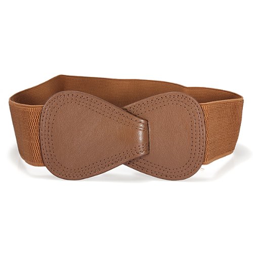 Fashion Lady Bowtie Bowknot Wide PU Leather Waist Belt Band Waistband Elastic Brown