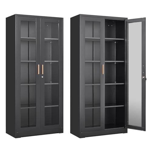 71" Glass Display Cabinet with Lock,Curio Cabinet with Glass Doors, Metal Display Case with 4 Adjustable Shelves, Black Bookcase Locking Storage Cabinets for Living Room, Kitchen，Commercial
