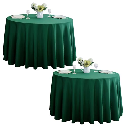 Image of 2-Pack Round 120-inch Blackish Green Table Cloths, Solid Stain and Wrinkle Resistant Circular Tablecloth, Premium Plain Weave Polyester Fabric Table Linen Covers for Hotel, Banquet